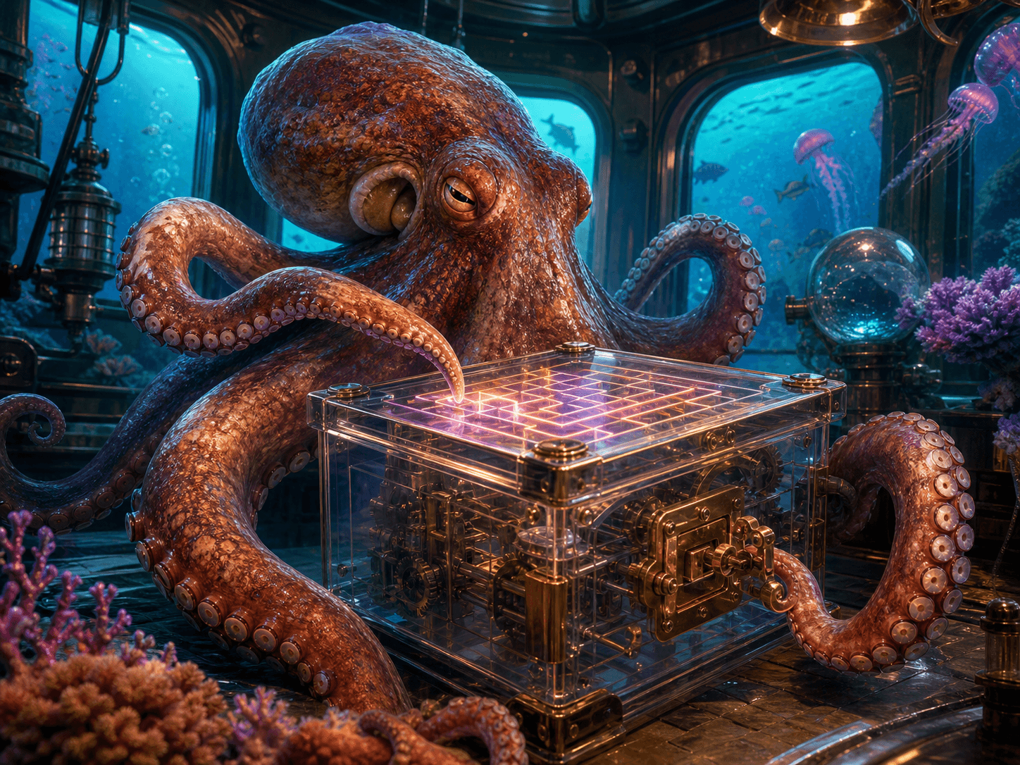 Illustration for investigation 1: Octopuses can solve puzzles and remember solutions.