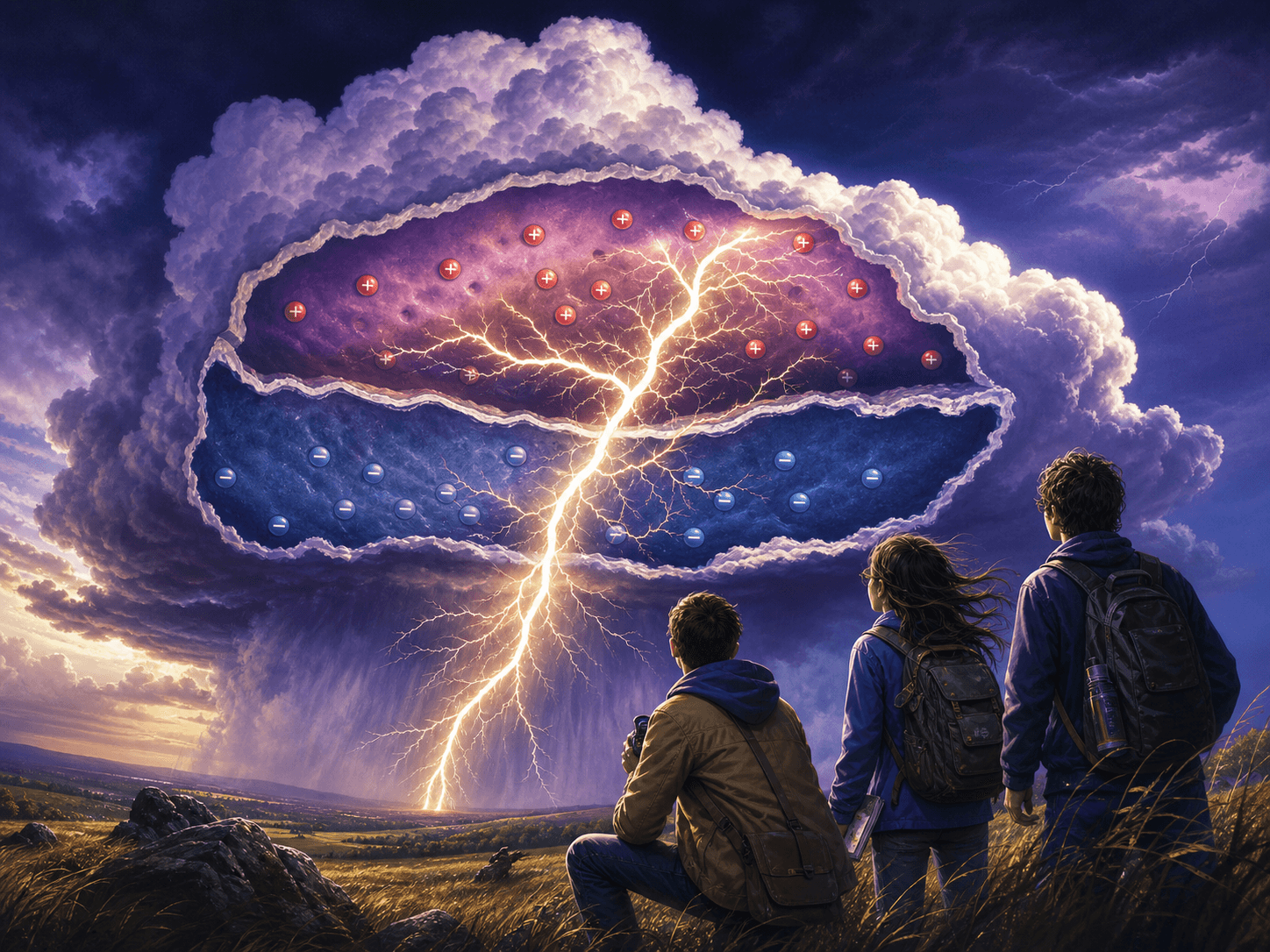 Illustration for investigation 3: Lightning begins when electric charge separates inside a storm cloud.