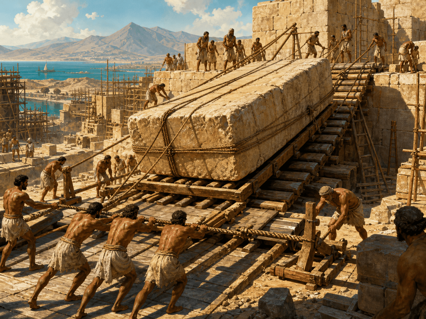 Illustration for investigation 4: Ancient builders used sophisticated surveying and lifting methods.