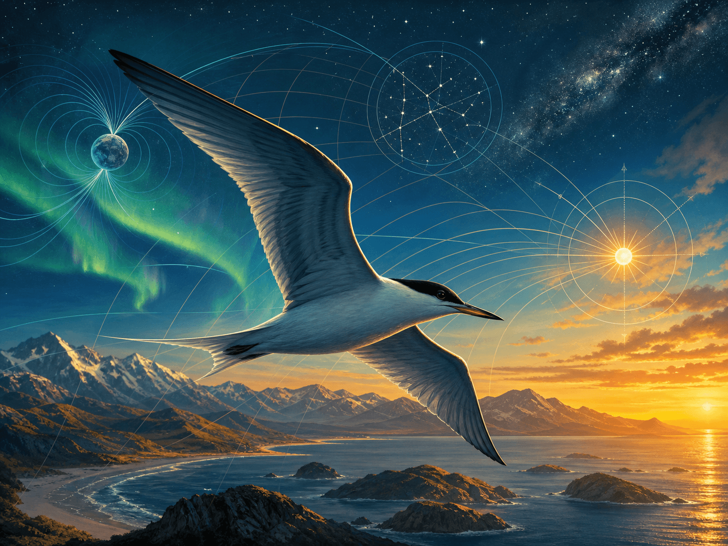 Illustration for investigation 7: Migrating birds use several different navigation clues.