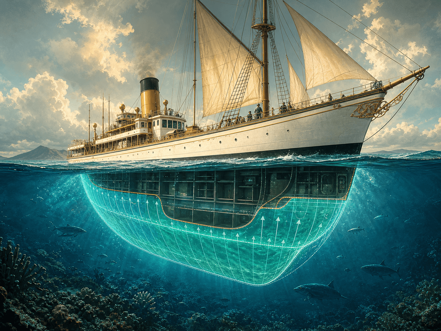 Illustration for investigation 11: A steel ship can float because its average density is lower than water.