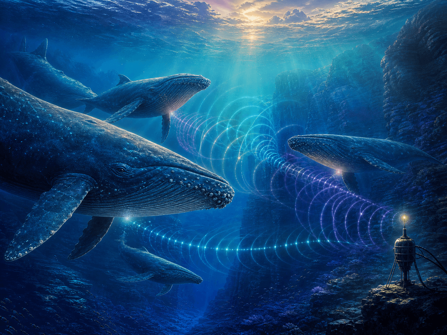 Illustration for investigation 25: Whales use patterned sounds to communicate across the ocean.