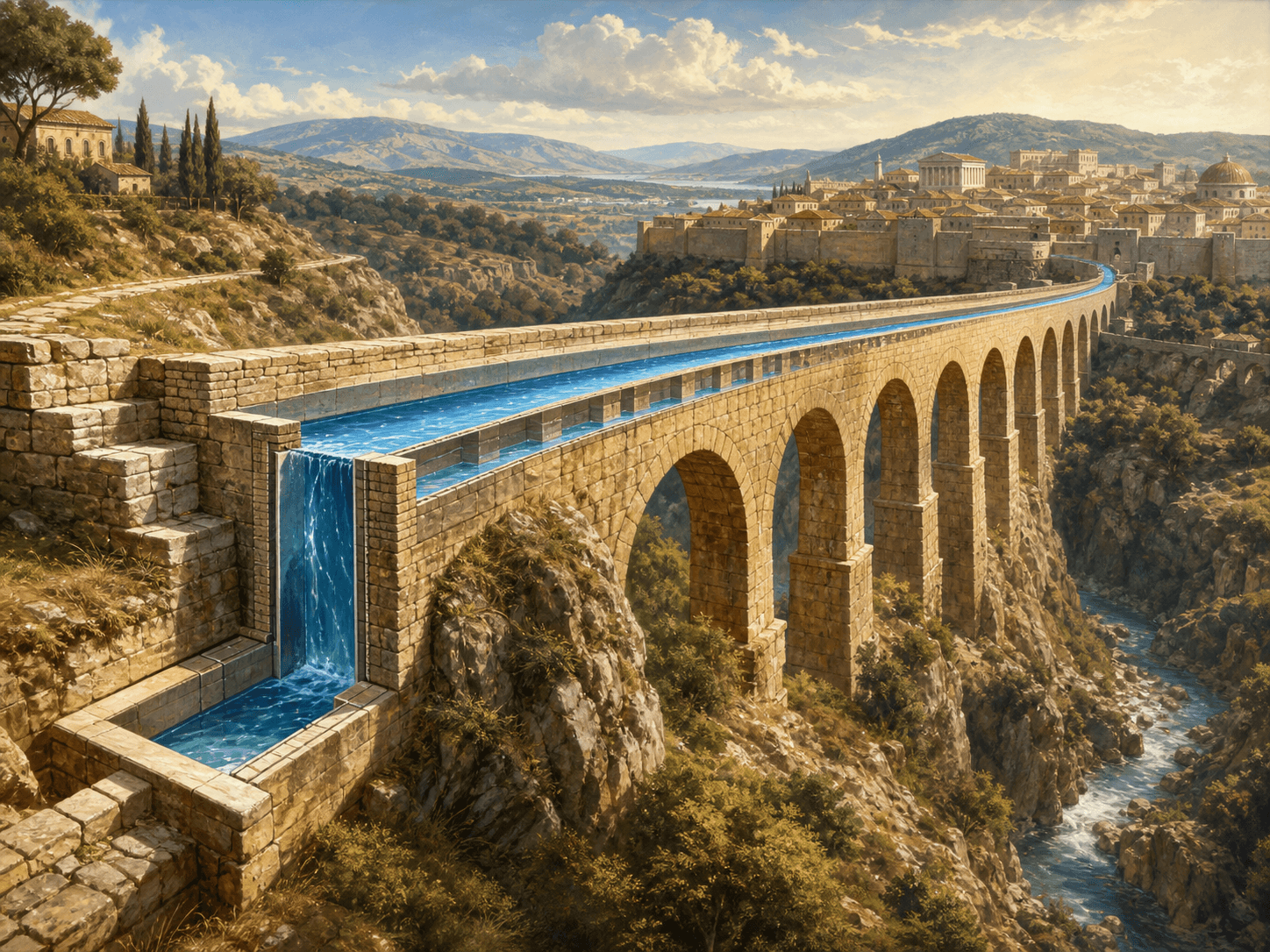 Illustration for investigation 29: Ancient aqueducts could carry water for many kilometres using gravity.