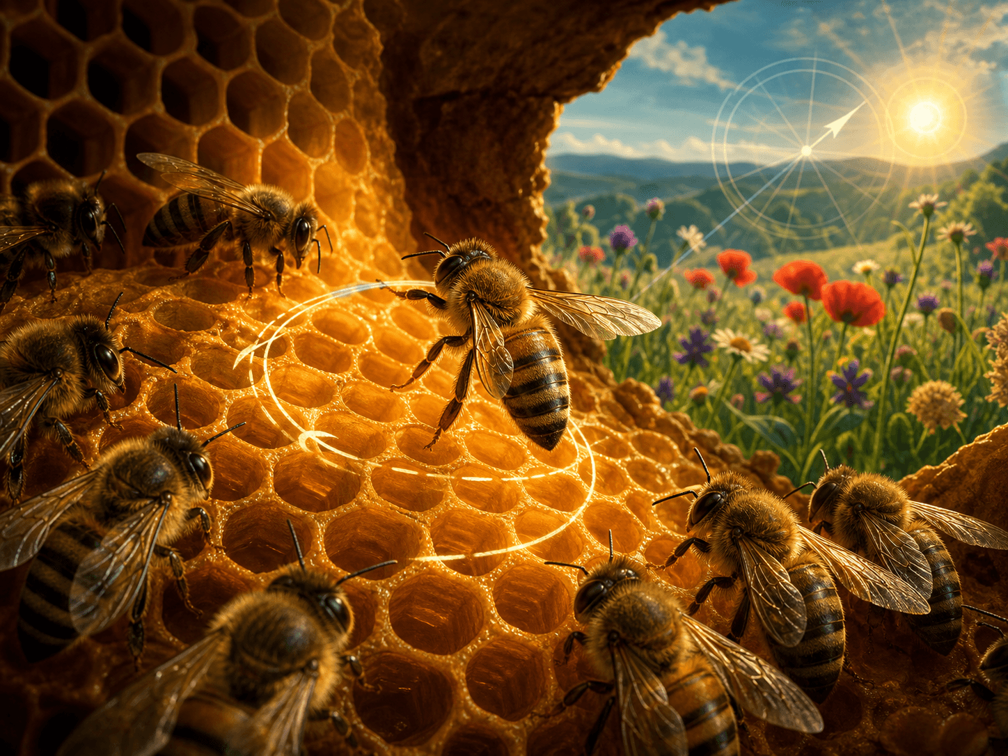 Illustration for investigation 31: Honeybees can indicate the direction of food with a dance.